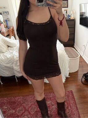Lace-Trim Slip Dress in Dark Brown